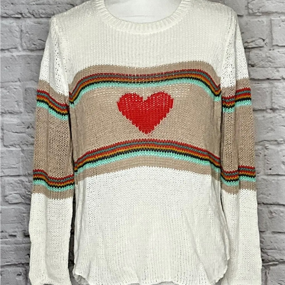 Wooden Ships Heart Sweater XS/S Stripes Open Knit Anthropologie Valentine